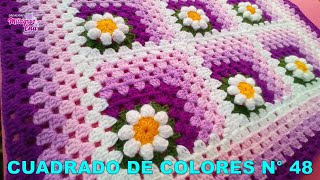 Como tejer el Cuadrado de colores N° 48 o muestra con flor en 3D a crochet para colchas y cojines [upl. by Eseyt]