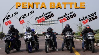 Pulsar RS200 vs Yamaha R15M vs Yamaha R15 V3 vs Suzuki Gixxer SF 250 vs Pulsar NS200 Drag Race [upl. by Eimmot]