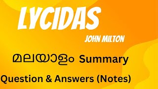 Lycidas by John Milton Malayalam Summary and Question answers [upl. by Ennaoj]