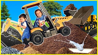 Excavator digging dirt at construction site with kids ride on backhoe digger and excavator bulldozer [upl. by Llenrup464]