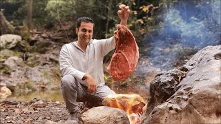 Big Beef steak cooked on a stone🥩🔥🌧️ [upl. by Aba]