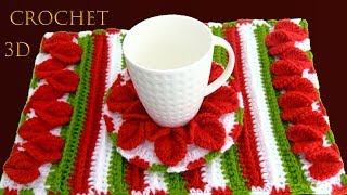 Como tejer a Crochet individuales Navideños Punto 3D pétalos flores Nochebuena tallermanualperu [upl. by Auhel]