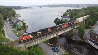 Awesome 4K View Long Stack Train CN 121 Crossing Over Sackville River at Bedford NS [upl. by Nahtnaoj]