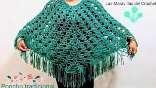 SUBTITLED IN ENGLISH PONCHO A CROCHET Tradicional crochet LasMaravillasdelCrochet [upl. by Dnalevelc691]