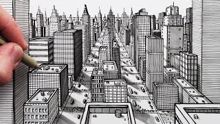 How to Draw a City using 1Point Perspective Pen Drawing [upl. by Elatsyrk]