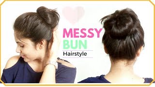 1 Minute EASY Everyday Messy Bun Hairstyle  Simple Bun Hair Tutorial for Medium hair [upl. by Arihs]