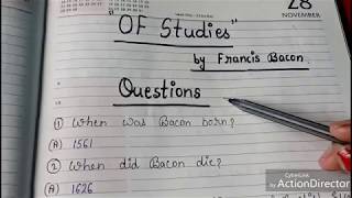 ENGLISH LITERATURE  quotOF STUDIES quotBY FRANCIS BACON  QUIZ  QUESTIONS [upl. by Fremont]