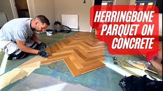 Herringbone Parquet flooring installation Gluing down on Concrete Full Tutorial Start to Finish [upl. by Clywd]