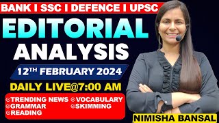 Editorial Analysis  12th February 2024  Vocab Grammar Reading Skimming  Nimisha Bansal [upl. by Labors]