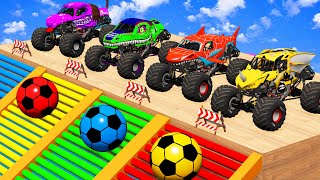 5 MONSTER TRUCKS vs Big amp Small McQueen with Spinner Wheels vs Thomas Train  Cars vs Deep Water [upl. by Ailimac]