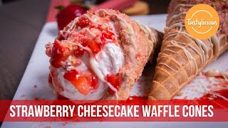 Delicious Strawberry Cheesecake Stuffed Waffle Cone Recipe  Easy Dessert Recipes [upl. by Childs65]