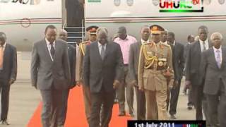 Uhuru Kenyatta welcoming President Kibaki at JKIA [upl. by Sirtemed]