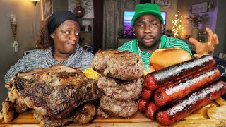 BBQ RIB EYE STEAKS BURGERS SAUSAGE LINKS TEPPANYAKI GRILL IN HOME MUKBANG COMDEDY EATING SHOW [upl. by Assilev]