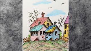 Colored Pencils and Ink Pencil Drawing Village  Landscape Scenery Drawing  Pencil Sketch Tutorial [upl. by Adnylg]