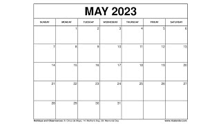 Printable May 2023 Calendar Templates with Holidays  VL Calendar [upl. by Aicirtan]