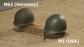 Ballistic test Steel Helmet M1 US Army amp M62 Bundeswehr Отстрел двух стальных касок M1 и M62 [upl. by Eliason]