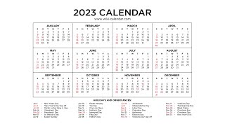 Year 2023 Calendar Printable with Holidays  Wiki Calendar [upl. by Eilla]