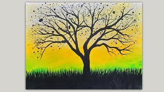 Splattered Tree Silhouette Acrylic Painting Demonstration Easy Painting [upl. by Aicnarf]