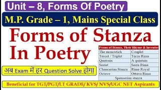 Forms of Stanza in poetry Unit  8 MP Grade 1 Mains Special Class [upl. by Nairret40]