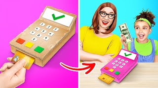 MOM MADE ME DIY CREDIT CARD MACHINE🤩  Coolest Hacks out of Cardboard by 123GO CHALLENGE [upl. by Haya]