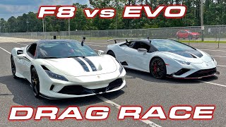 Time to sell the EVO  Lamborghini Huracan Rear Wheel Drive vs Ferrari F8 Tributo Drag Race [upl. by Blackmun]