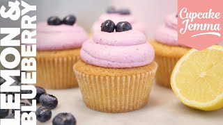 Curdfilled Lemon Cupcake Recipe with Blueberry Buttercream Frosting  Cupcake Jemma [upl. by Critchfield868]