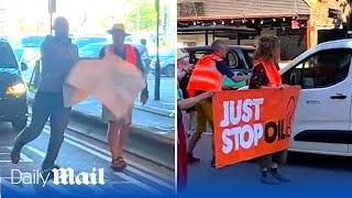 Angry van driver ploughs through Just Stop Oil banner as motorists lose their patience [upl. by Farrington]