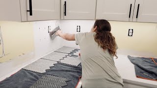 Herringbone Mosaic Tile Backsplash Install DIY TIPS AND TRICKS [upl. by Annayat]