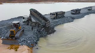 Great Techniques Build Road In the Pit Process By Operator Bulldozer Spreading Stone into Water [upl. by Adamina]