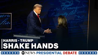 Harris Trump shake hands in presidential debate as they take their places [upl. by Guillermo]