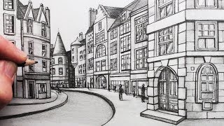 How to Draw Buildings in Perspective A Street in Edinburgh [upl. by Refiffej772]