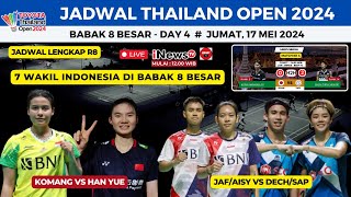 Jadwal Thailand Open 2024 hari ini day4  Komang vs Cina JafarAisyah vs Ung 1 XD DeGlo vs RiPith [upl. by Ternan]