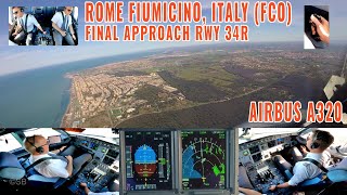 ROME FCO  Pilots  cockpit view of a beautiful Airbus A320 final approach  landing runway 34R [upl. by Etram]