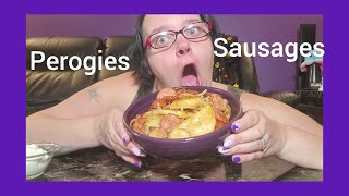 perogies and sausage with onion and dippings mukbang [upl. by Dnalra]