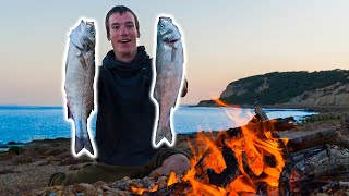 Remote overnight fishing  cooking over campfire wild camping [upl. by Lyj]