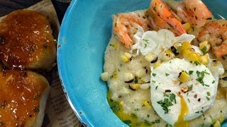 Sweet Corn Corn Grits Shrimp Poached Egg and Créole Buttered Biscuits [upl. by Anitac169]