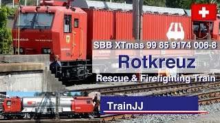 ▶ 4K SBB Firefighting and Rescue Train LRZ SBB Xtmas 174 006 Windhoff Dräger  Rotkreuz Switzerland [upl. by Richarda76]