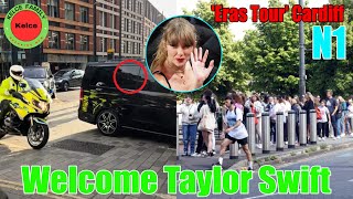 OMG Fans in Cardiff welcome Taylor Swifts motorcade to the Principality Stadium in Cardiff [upl. by Meletius]