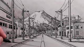 How to Draw a Road in OnePoint Perspective and Street View of Mt Fuji Fast [upl. by Inigo]