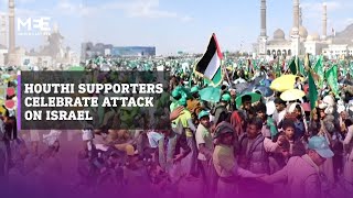 Houthi supporters celebrate Sunday missile attack on Israel [upl. by Aylatan]