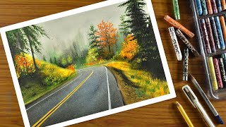 Oil pastel drawing road scenery  how to draw a beautiful lonely forest road with oil pastel [upl. by Ungley31]