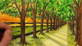 How to Draw a Road with Trees in OnePoint Perspective [upl. by Sabba]