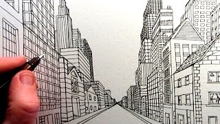 How to Draw a City Street View in One Point Perspective TL [upl. by Oijimer438]